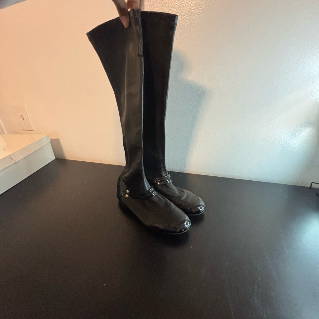 Chanel Black Over The Knee Boots With Glossy Finish And Slim Fit